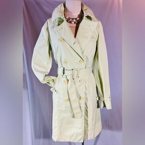 Guess Pale Green Wasabi Green Double-Breasted Trench Coat with Belt Unlined